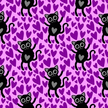 Hayvanlar, kağıt, kumaş, çocuk giysisi baskısı ve 14 Şubat parti aksesuarları için kusursuz kedi ve kalp desenleri. Yüksek kalite fotoğraf