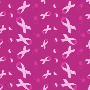 Göğüs kanseri ayı, ambalaj kağıdı, tıbbi aksesuar ve ilaç tekstili için kusursuz pembe kurdele günü deseni. Yüksek kaliteli illüstrasyon