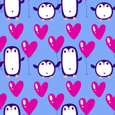 Sevgililer Günü 'nde, 14 Şubat' ta ambalaj kağıdı, çocuk kıyafetleri ve kış partisi aksesuarları için kusursuz bir penguen ve kalp deseni olan sevimli hayvanlar. Yüksek kaliteli illüstrasyon