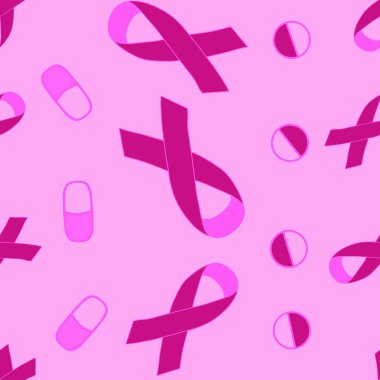 Göğüs kanseri ayı, ambalaj kağıdı, tıbbi aksesuar ve ilaç tekstili için kusursuz pembe kurdele günü deseni. Yüksek kaliteli illüstrasyon