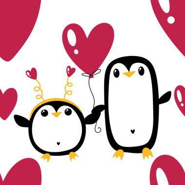 Sevgililer Günü 'nde, 14 Şubat' ta ambalaj kağıdı, çocuk kıyafetleri ve kış partisi aksesuarları için kusursuz bir penguen ve kalp deseni olan sevimli hayvanlar. Yüksek kaliteli illüstrasyon