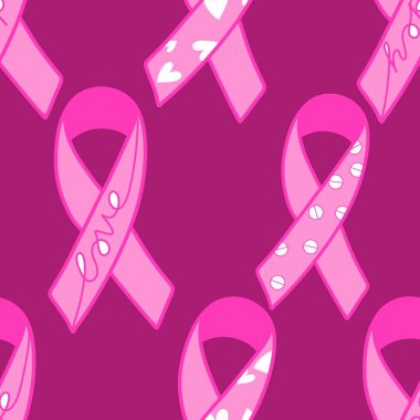 Göğüs kanseri ayı, ambalaj kağıdı, tıbbi aksesuar ve ilaç tekstili için kusursuz pembe kurdele günü deseni. Yüksek kaliteli illüstrasyon