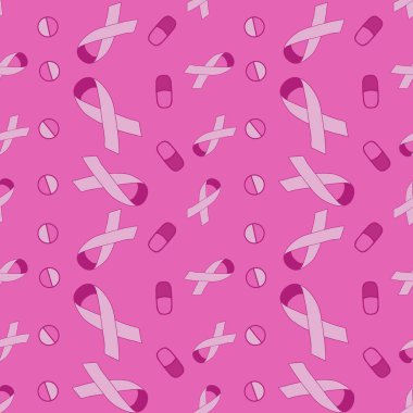 Göğüs kanseri ayı, ambalaj kağıdı, tıbbi aksesuar ve ilaç tekstili için kusursuz pembe kurdele günü deseni. Yüksek kaliteli illüstrasyon