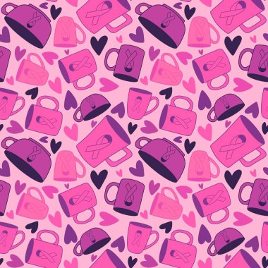 Göğüs kanseri ayı, ambalaj kağıdı, tıbbi aksesuar ve ilaç tekstili için kusursuz pembe kurdele günü deseni. Yüksek kaliteli illüstrasyon