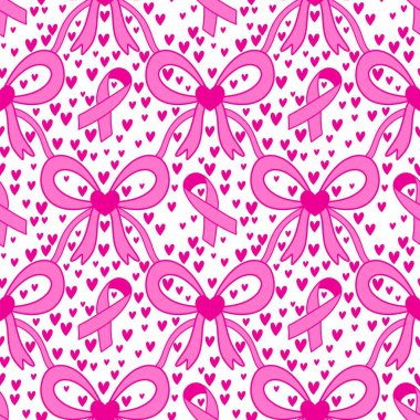 Göğüs kanseri ayı, ambalaj kağıdı, tıbbi aksesuar ve ilaç tekstili için kusursuz pembe kurdele günü deseni. Yüksek kaliteli illüstrasyon