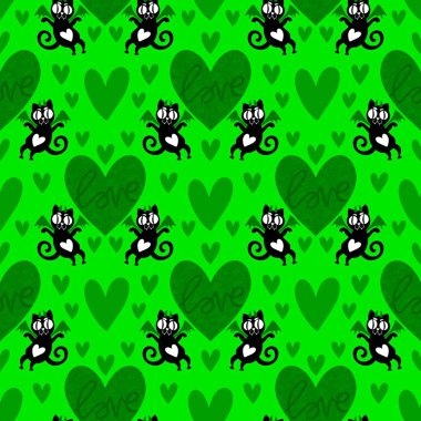 Hayvanlar, kağıt, kumaş, çocuk giysisi baskısı ve 14 Şubat parti aksesuarları için kusursuz kedi ve kalp desenleri. Yüksek kalite fotoğraf