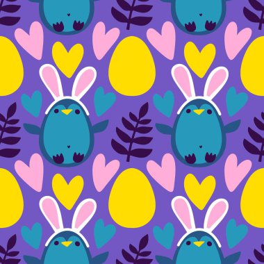 Paskalya hayvanları, kağıt, kumaş, çarşaf ve bahar mutfağı tekstil ürünleri için pürüzsüz penguen ve yumurta deseni. Yüksek kalite fotoğraf
