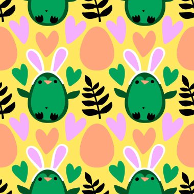 Paskalya hayvanları, kağıt, kumaş, çarşaf ve bahar mutfağı tekstil ürünleri için pürüzsüz penguen ve yumurta deseni. Yüksek kalite fotoğraf