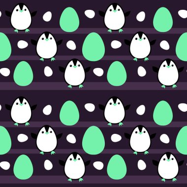 Paskalya hayvanları, kağıt, kumaş, çarşaf ve bahar mutfağı tekstil ürünleri için pürüzsüz penguen ve yumurta deseni. Yüksek kalite fotoğraf