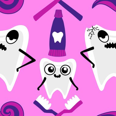 Kağıt, kumaş, çarşaf, çocuk giysisi baskısı, doktor aksesuarları ve eczane ambalajları için tıbbî ve kusursuz diş deseni. Yüksek kalite fotoğraf