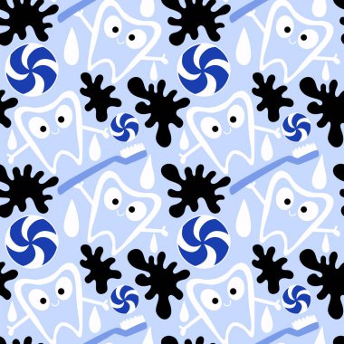 Kağıt, kumaş, çarşaf, çocuk giysisi baskısı, doktor aksesuarları ve eczane ambalajları için tıbbî ve kusursuz diş deseni. Yüksek kalite fotoğraf