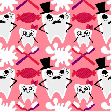 Kağıt, kumaş, çarşaf, çocuk giysisi baskısı, doktor aksesuarları ve eczane ambalajları için tıbbî ve kusursuz diş deseni. Yüksek kalite fotoğraf