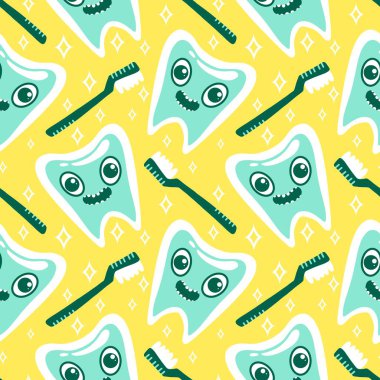 Kağıt, kumaş, çarşaf, çocuk giysisi baskısı, doktor aksesuarları ve eczane ambalajları için tıbbî ve kusursuz diş deseni. Yüksek kalite fotoğraf