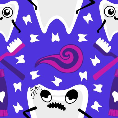 Kağıt, kumaş, çarşaf, çocuk giysisi baskısı, doktor aksesuarları ve eczane ambalajları için tıbbî ve kusursuz diş deseni. Yüksek kalite fotoğraf