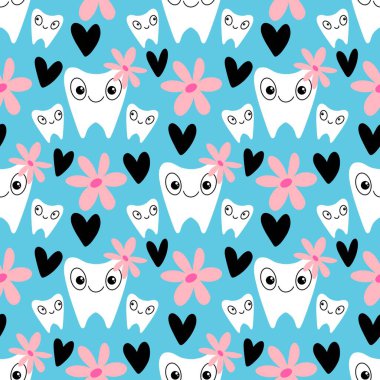 Kağıt, kumaş, çarşaf, çocuk giysisi baskısı, doktor aksesuarları ve eczane ambalajları için tıbbî ve kusursuz diş deseni. Yüksek kalite fotoğraf