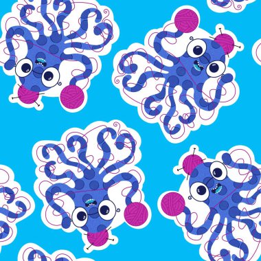 Çizgi film deniz hayvanları, dikişsiz ahtapot, hobi aksesuarları için örgü deseni ve çocuk giysileri baskısı ve dikiş malzemeleri. Yüksek kalite fotoğraf