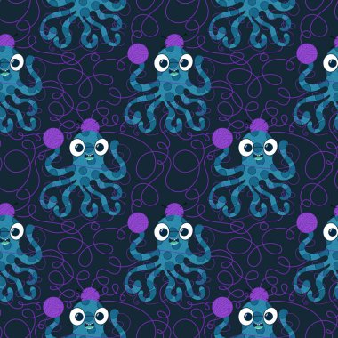 Çizgi film deniz hayvanları, dikişsiz ahtapot, hobi aksesuarları için örgü deseni ve çocuk giysileri baskısı ve dikiş malzemeleri. Yüksek kalite fotoğraf