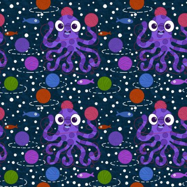 Çizgi film deniz hayvanları, dikişsiz ahtapot, hobi aksesuarları için örgü deseni ve çocuk giysileri baskısı ve dikiş malzemeleri. Yüksek kalite fotoğraf