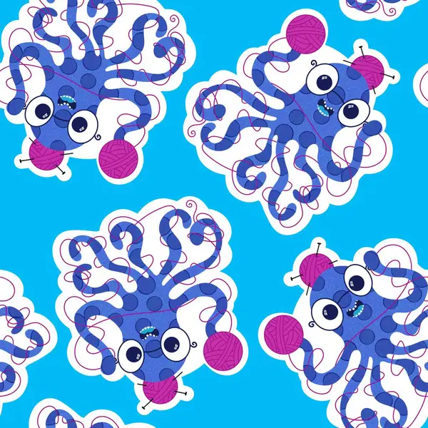 Çizgi film deniz hayvanları, dikişsiz ahtapot, hobi aksesuarları için örgü deseni ve çocuk giysileri baskısı ve dikiş malzemeleri. Yüksek kalite fotoğraf