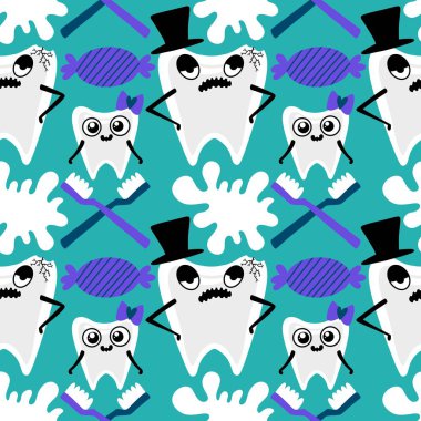 Kağıt, kumaş, çarşaf, çocuk giysisi baskısı, doktor aksesuarları ve eczane ambalajları için tıbbî ve kusursuz diş deseni. Yüksek kalite fotoğraf