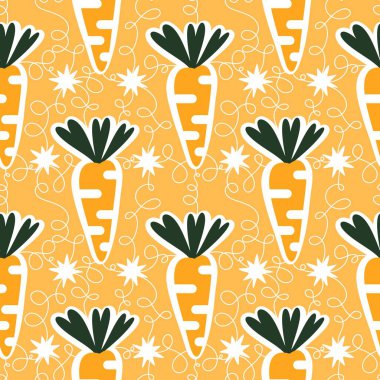 Kağıt, kumaş, çarşaf ve çocuk giysisi baskısı ve mutfak tekstili için yaz sebzesiz havuç deseni. Yüksek kalite fotoğraf