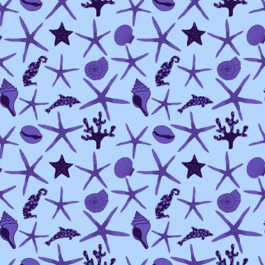 Okyanus hayvanları, ambalajsız deniz yıldızı desenli ambalajlar, kumaşlar ve çocuk giysileri baskısı ve yaz partisi aksesuarları ve mayo tekstili. Yüksek kalite fotoğraf