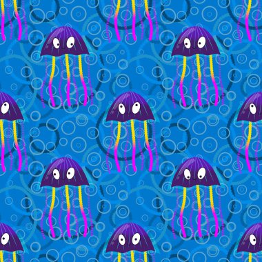 Deniz hayvanları, ambalaj kağıdı, kumaş, çarşaf ve çocuk giysisi baskısı ve yaz partisi aksesuarları için kusursuz okyanus deniz anası deseni. Yüksek kalite fotoğraf