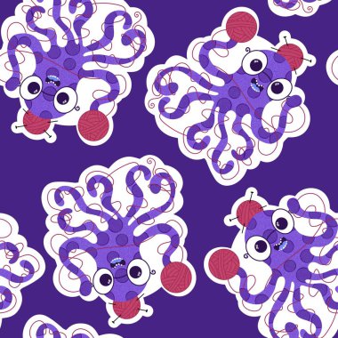 Çizgi film deniz hayvanları, dikişsiz ahtapot, hobi aksesuarları için örgü deseni ve çocuk giysileri baskısı ve dikiş malzemeleri. Yüksek kalite fotoğraf