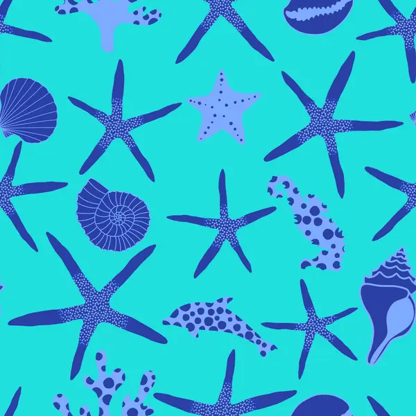 Okyanus hayvanları, ambalajsız deniz yıldızı desenli ambalajlar, kumaşlar ve çocuk giysileri baskısı ve yaz partisi aksesuarları ve mayo tekstili. Yüksek kalite fotoğraf