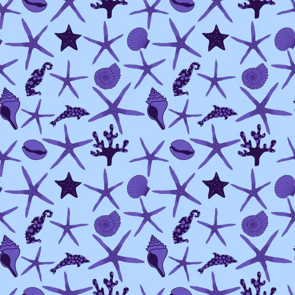 Okyanus hayvanları, ambalajsız deniz yıldızı desenli ambalajlar, kumaşlar ve çocuk giysileri baskısı ve yaz partisi aksesuarları ve mayo tekstili. Yüksek kalite fotoğraf