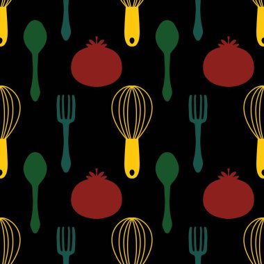 Mutfak aletleri kağıt, kumaş, giysi baskısı, tekstil ve mağaza ambalajları için dikişsiz çatal ve kaşık deseni. Yüksek kalite fotoğraf