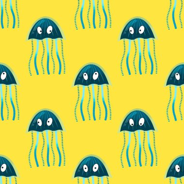 Deniz hayvanları, ambalaj kağıdı, kumaş, çarşaf ve çocuk giysisi baskısı ve yaz partisi aksesuarları için kusursuz okyanus deniz anası deseni. Yüksek kalite fotoğraf