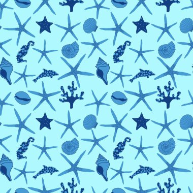 Okyanus hayvanları, ambalajsız deniz yıldızı desenli ambalajlar, kumaşlar ve çocuk giysileri baskısı ve yaz partisi aksesuarları ve mayo tekstili. Yüksek kalite fotoğraf