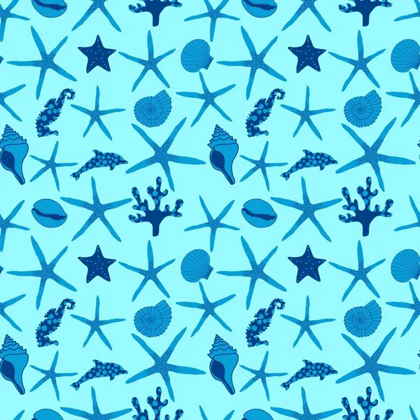 Okyanus hayvanları, ambalajsız deniz yıldızı desenli ambalajlar, kumaşlar ve çocuk giysileri baskısı ve yaz partisi aksesuarları ve mayo tekstili. Yüksek kalite fotoğraf
