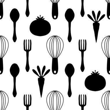 Mutfak aletleri kağıt, kumaş, giysi baskısı, tekstil ve mağaza ambalajları için dikişsiz çatal ve kaşık deseni. Yüksek kalite fotoğraf