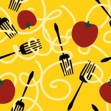 Çizgi film çatalı ve makarna ambalaj kağıdı, kumaş ve çocuk giysileri baskısı, menü ve paketleme için kusursuz desen. Yüksek kalite fotoğraf