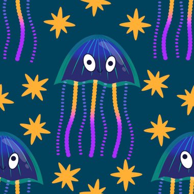 Deniz hayvanları, ambalaj kağıdı, kumaş, çarşaf ve çocuk giysisi baskısı ve yaz partisi aksesuarları için kusursuz okyanus deniz anası deseni. Yüksek kalite fotoğraf