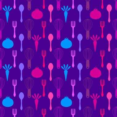 Mutfak aletleri kağıt, kumaş, giysi baskısı, tekstil ve mağaza ambalajları için dikişsiz çatal ve kaşık deseni. Yüksek kalite fotoğraf