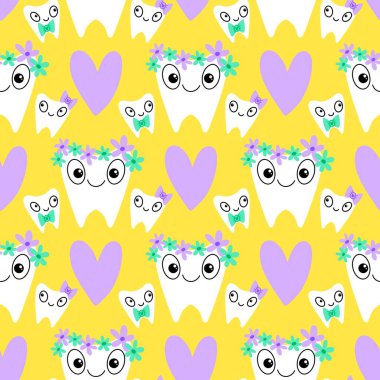 Kağıt, kumaş, çarşaf, çocuk giysisi baskısı, doktor aksesuarları ve eczane ambalajları için tıbbî ve kusursuz diş deseni. Yüksek kalite fotoğraf