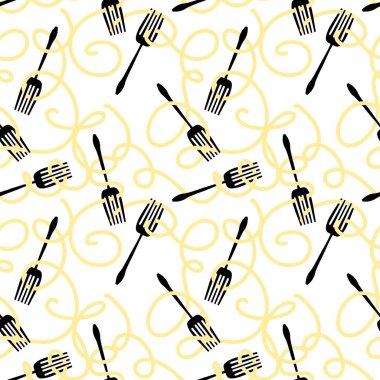 Çizgi film çatalı ve makarna ambalaj kağıdı, kumaş ve çocuk giysileri baskısı, menü ve paketleme için kusursuz desen. Yüksek kalite fotoğraf