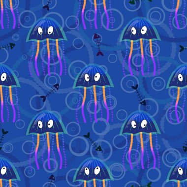 Deniz hayvanları, ambalaj kağıdı, kumaş, çarşaf ve çocuk giysisi baskısı ve yaz partisi aksesuarları için kusursuz okyanus deniz anası deseni. Yüksek kalite fotoğraf