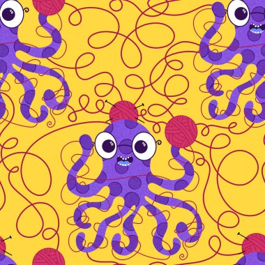 Çizgi film deniz hayvanları, dikişsiz ahtapot, hobi aksesuarları için örgü deseni ve çocuk giysileri baskısı ve dikiş malzemeleri. Yüksek kalite fotoğraf