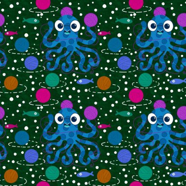 Çizgi film deniz hayvanları, dikişsiz ahtapot, hobi aksesuarları için örgü deseni ve çocuk giysileri baskısı ve dikiş malzemeleri. Yüksek kalite fotoğraf