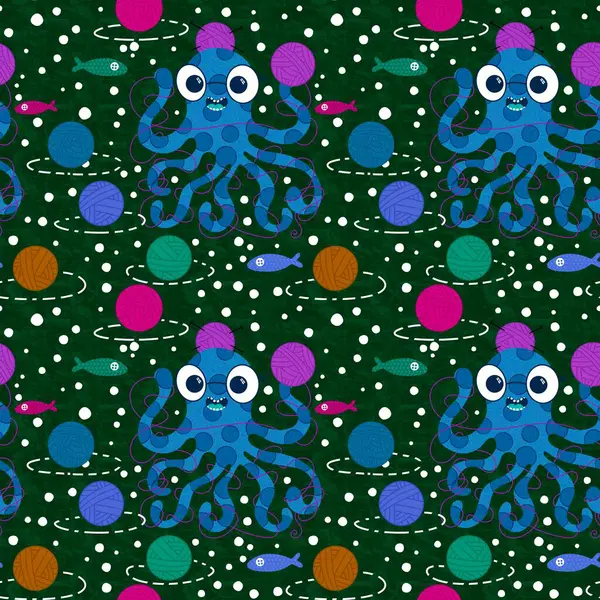 Çizgi film deniz hayvanları, dikişsiz ahtapot, hobi aksesuarları için örgü deseni ve çocuk giysileri baskısı ve dikiş malzemeleri. Yüksek kalite fotoğraf