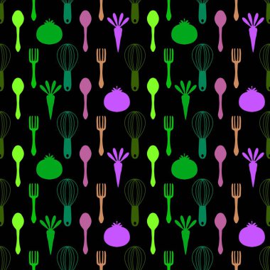 Mutfak aletleri kağıt, kumaş, giysi baskısı, tekstil ve mağaza ambalajları için dikişsiz çatal ve kaşık deseni. Yüksek kalite fotoğraf