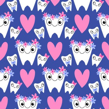 Kağıt, kumaş, çarşaf, çocuk giysisi baskısı, doktor aksesuarları ve eczane ambalajları için tıbbî ve kusursuz diş deseni. Yüksek kalite fotoğraf