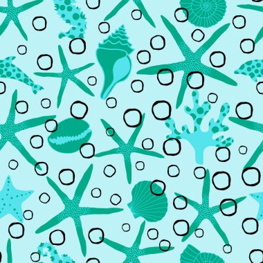 Okyanus hayvanları, ambalajsız deniz yıldızı desenli ambalajlar, kumaşlar ve çocuk giysileri baskısı ve yaz partisi aksesuarları ve mayo tekstili. Yüksek kalite fotoğraf