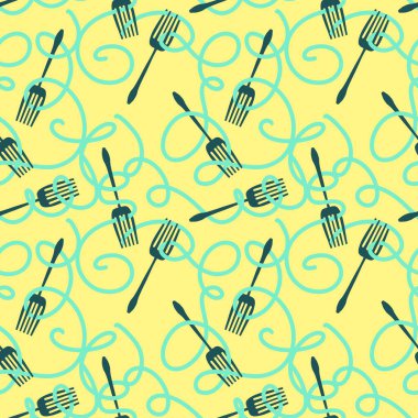 Çizgi film çatalı ve makarna ambalaj kağıdı, kumaş ve çocuk giysileri baskısı, menü ve paketleme için kusursuz desen. Yüksek kalite fotoğraf