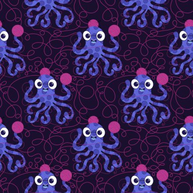 Çizgi film deniz hayvanları, dikişsiz ahtapot, hobi aksesuarları için örgü deseni ve çocuk giysileri baskısı ve dikiş malzemeleri. Yüksek kalite fotoğraf