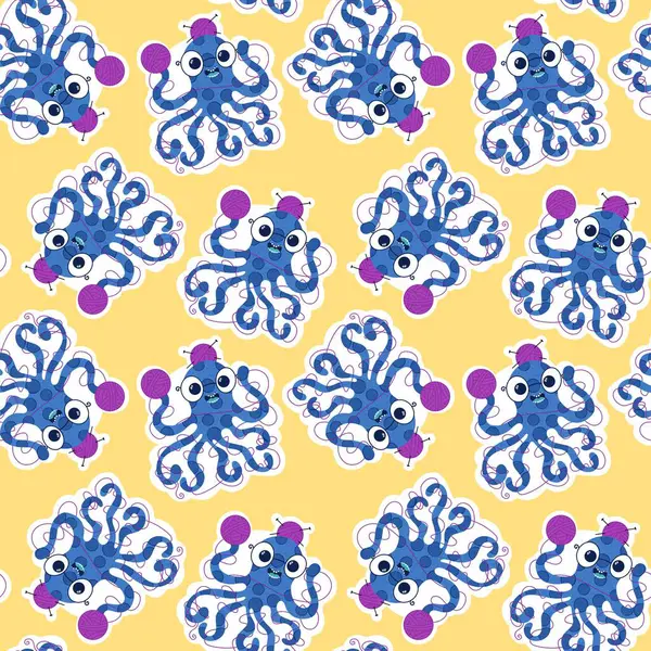 Çizgi film deniz hayvanları, dikişsiz ahtapot, hobi aksesuarları için örgü deseni ve çocuk giysileri baskısı ve dikiş malzemeleri. Yüksek kalite fotoğraf